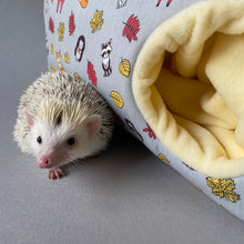 Load image into Gallery viewer, Grey and yellow woodland animals corner house. Hedgehog and small pet house. Padded fleece lined house.