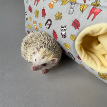 Load image into Gallery viewer, Grey and yellow woodland animals corner house. Hedgehog and small pet house. Padded fleece lined house.