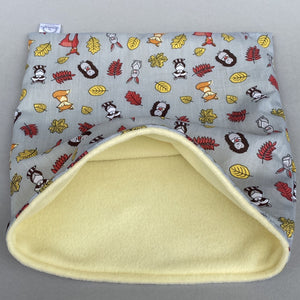 LARGE grey and yellow woodland animals snuggle sack. Cuddle pouch for hedgehogs and guinea pigs.