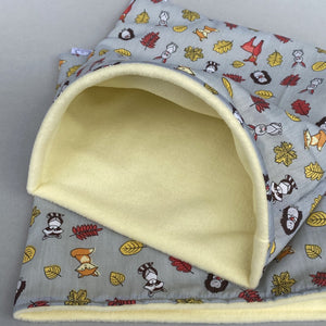 LARGE grey and yellow woodland animals snuggle sack. Cuddle pouch for hedgehogs and guinea pigs.