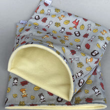 Load image into Gallery viewer, LARGE grey and yellow woodland animals snuggle sack. Cuddle pouch for hedgehogs and guinea pigs.