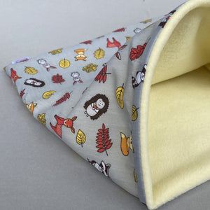 Grey and yellow woodland animals full cage set. Cube house, snuggle sack, tunnel cage set.