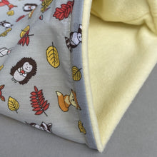 Load image into Gallery viewer, Grey and yellow woodland animals full cage set. Corner house, snuggle sack, tunnel cage set.