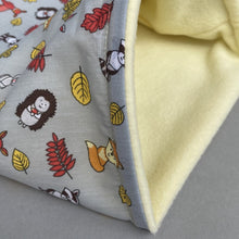 Load image into Gallery viewer, LARGE grey and yellow woodland animals snuggle sack. Cuddle pouch for hedgehogs and guinea pigs.