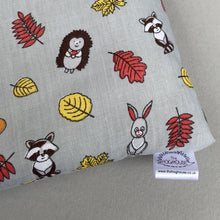 Load image into Gallery viewer, Grey and yellow woodland animals padded bonding bag, carry bag for hedgehogs. Fleece lined.