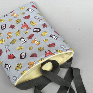 Grey and yellow woodland animals padded bonding bag, carry bag for hedgehogs. Fleece lined.