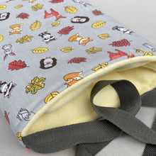 Load image into Gallery viewer, Grey and yellow woodland animals padded bonding bag, carry bag for hedgehogs. Fleece lined.