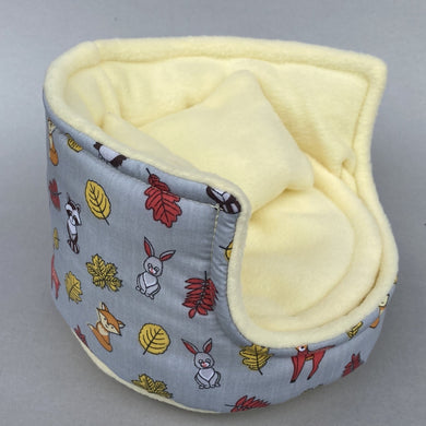 Grey and yellow woodland animals cuddle cup. Pet sofa. Hedgehog and small guinea pig bed. Small pet beds.