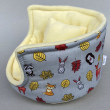 Load image into Gallery viewer, Grey and yellow woodland animals cuddle cup. Pet sofa. Hedgehog and small guinea pig bed. Small pet beds.