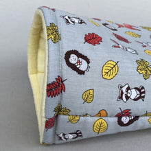 Load image into Gallery viewer, Grey and yellow woodland animals cosy snuggle cave. Padded stay open snuggle sack. Hedgehog bed. Fleece pet bedding.