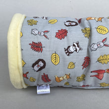 Load image into Gallery viewer, Grey and yellow woodland animals stay open padded fleece tunnel. Padded tunnel for hedgehogs and small pets.