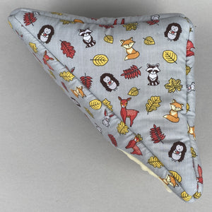 Grey and yellow woodland animals corner house. Hedgehog and small pet house. Padded fleece lined house.