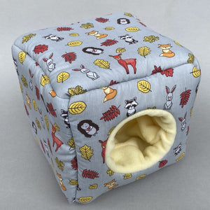 Grey and yellow woodland animals cosy cube house. Hedgehog and guinea pig padded fleece lined house.
