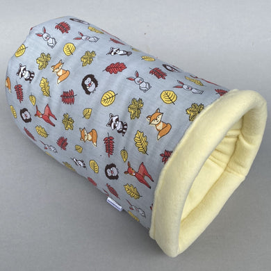 Grey and yellow woodland animals cosy bunker. Hedgehog and guinea pig padded fleece lined house.