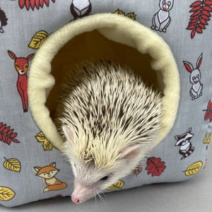 Grey and yellow woodland animals cosy cube house. Hedgehog and guinea pig padded fleece lined house.