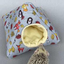 Load image into Gallery viewer, Grey and yellow woodland animals full cage set. Tent house, snuggle sack, tunnel cage set.