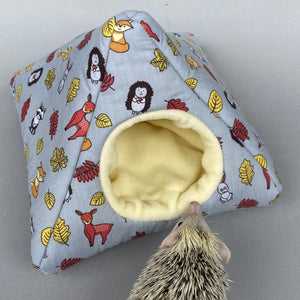Grey and yellow woodland animals full cage set. Tent house, snuggle sack, tunnel cage set.
