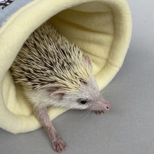 Load image into Gallery viewer, Grey and yellow woodland animals stay open padded fleece tunnel. Padded tunnel for hedgehogs and small pets.