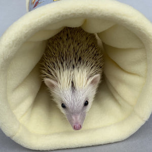 Grey and yellow woodland animals stay open padded fleece tunnel. Padded tunnel for hedgehogs and small pets.
