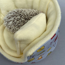 Load image into Gallery viewer, Grey and yellow woodland animals cuddle cup. Pet sofa. Hedgehog and small guinea pig bed. Small pet beds.