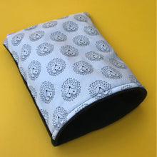 Load image into Gallery viewer, The Hoghouse black and white hedgehog cosy snuggle cave. Padded stay open hedgehog bed.
