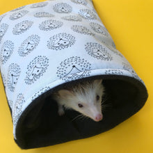 Load image into Gallery viewer, The Hoghouse black and white hedgehog cosy snuggle cave. Padded stay open hedgehog bed.