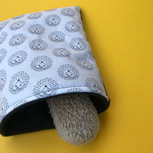 Load image into Gallery viewer, The Hoghouse black and white hedgehog cosy snuggle cave. Padded stay open hedgehog bed.