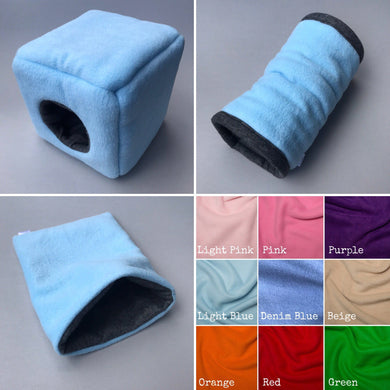 Fleece full cage set. Cube house, snuggle sack, tunnel cage set.