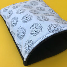 Load image into Gallery viewer, The Hoghouse black and white hedgehog cosy snuggle cave. Padded stay open hedgehog bed.