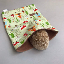 Load image into Gallery viewer, Camping animals snuggle sack, snuggle pouch, sleeping bag for hedgehog and small guinea pigs.