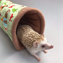 Load image into Gallery viewer, Camping animals mini set. Tunnel, snuggle sack and toys. Fleece bedding. Hedgehog fleece tunnel and pouch.