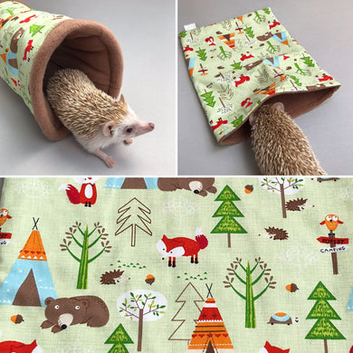 Camping animals mini set. Tunnel, snuggle sack and toys. Fleece bedding. Hedgehog fleece tunnel and pouch.