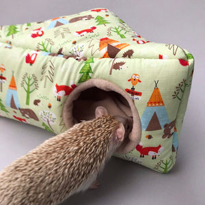 Camping animals corner house. Hedgehog and small pet cube house.