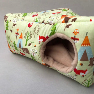 Camping animals corner house. Hedgehog and small pet cube house.
