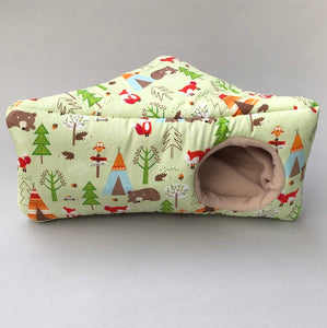 Camping animals corner house. Hedgehog and small pet cube house.