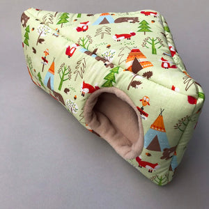 Camping animals corner house. Hedgehog and small pet cube house.