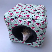 Load image into Gallery viewer, Dapper Mr Fox cosy cube house. Hedgehog and guinea pig cube house. Padded fleece lined house.