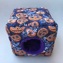 Load image into Gallery viewer, Pumpkin Halloween cosy cube bed. Hedgehog and guinea pig bed. Fleece pet bed.