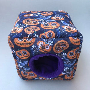 Pumpkin Halloween cosy cube bed. Hedgehog and guinea pig bed. Fleece pet bed.
