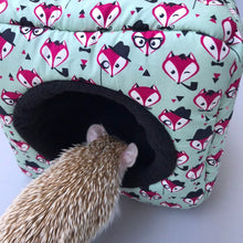 Load image into Gallery viewer, Dapper Mr Fox cosy cube house. Hedgehog and guinea pig cube house. Padded fleece lined house.