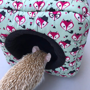 Dapper Mr Fox cosy cube house. Hedgehog and guinea pig cube house. Padded fleece lined house.