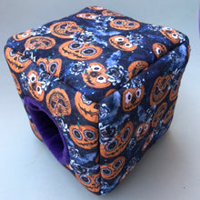 Load image into Gallery viewer, Pumpkin Halloween cosy cube bed. Hedgehog and guinea pig bed. Fleece pet bed.