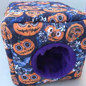 Pumpkin Halloween cosy cube bed. Hedgehog and guinea pig bed. Fleece pet bed.