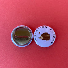 Load image into Gallery viewer, Isolation Expert hedgehog badge. 25mm badge. Hedgehog pin.