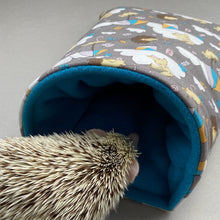 Load image into Gallery viewer, Grey Kite Hedgehog cosy snuggle cave. Padded stay open snuggle sack. Hedgehog bed.