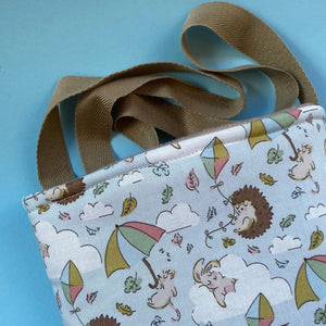 Blue Kite Hedgehogs padded bonding bag, carry bag for hedgehog. Fleece lined pet tote.