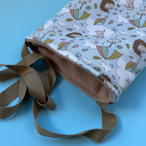 Blue Kite Hedgehogs padded bonding bag, carry bag for hedgehog. Fleece lined pet tote.