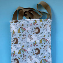 Load image into Gallery viewer, Blue Kite Hedgehogs padded bonding bag, carry bag for hedgehog. Fleece lined pet tote.