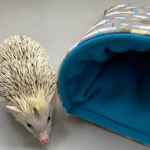 Load image into Gallery viewer, Grey Kite Hedgehog cosy snuggle cave. Padded stay open snuggle sack. Hedgehog bed.