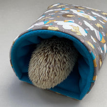 Load image into Gallery viewer, Grey Kite Hedgehog cosy snuggle cave. Padded stay open snuggle sack. Hedgehog bed.